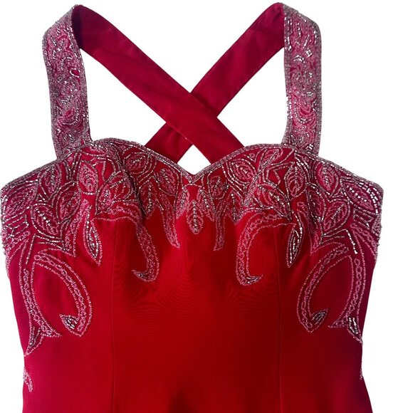 Jovani Red Beaded Crisscross Back Straps Maxi Long Evening Gown Size 10 Dress - Picture 8 of 16